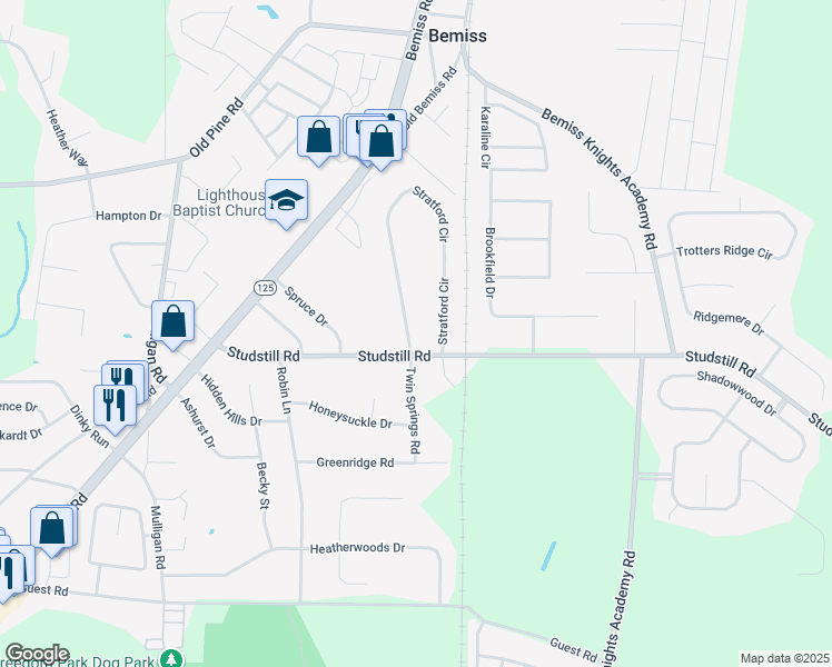map of restaurants, bars, coffee shops, grocery stores, and more near 3814 Stratford Circle in Valdosta
