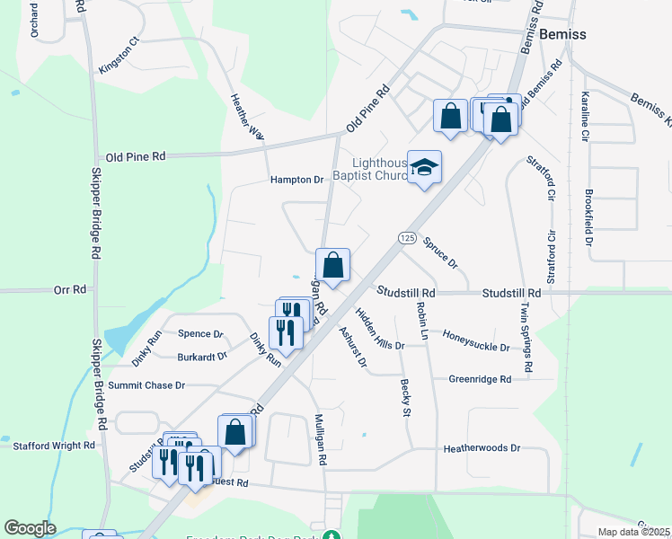 map of restaurants, bars, coffee shops, grocery stores, and more near 4117 Mulligan Manor Lane in Valdosta