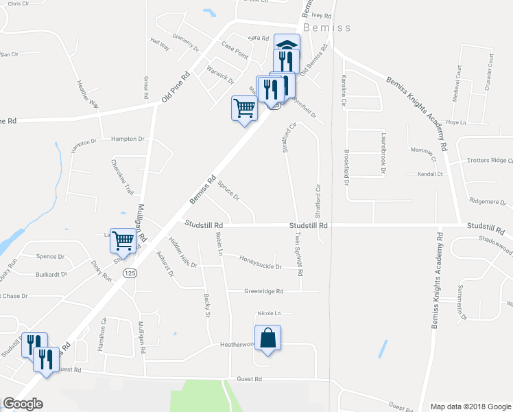 map of restaurants, bars, coffee shops, grocery stores, and more near 3829 Spruce Drive in Valdosta