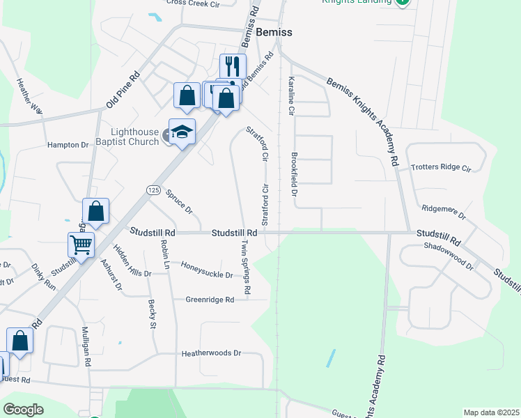 map of restaurants, bars, coffee shops, grocery stores, and more near 4020 Stratford Circle in Valdosta