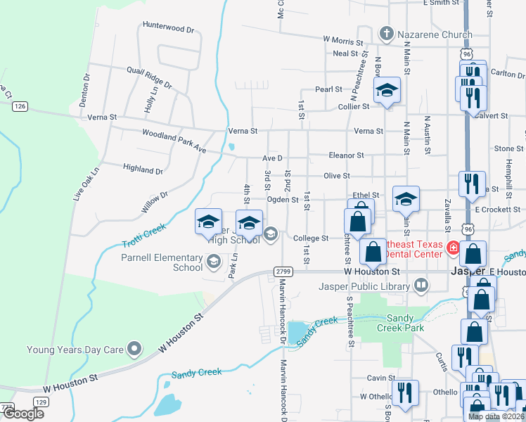 map of restaurants, bars, coffee shops, grocery stores, and more near 425 3rd Street in Jasper