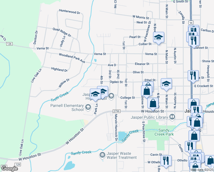map of restaurants, bars, coffee shops, grocery stores, and more near 423 3rd Street in Jasper