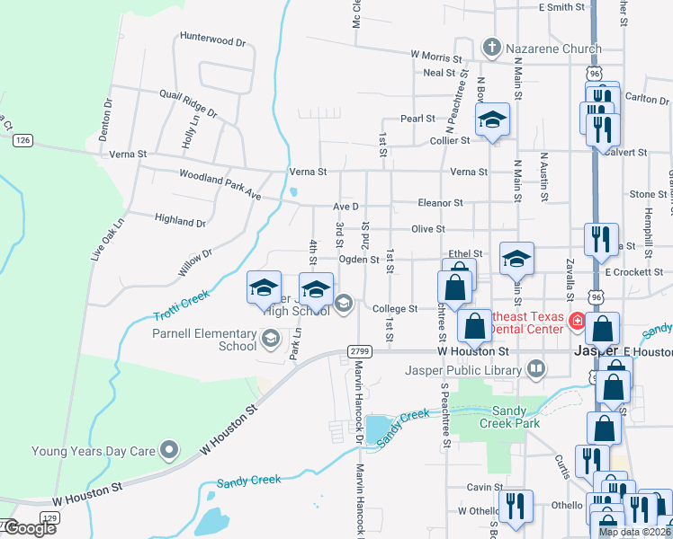 map of restaurants, bars, coffee shops, grocery stores, and more near 425 3rd Street in Jasper