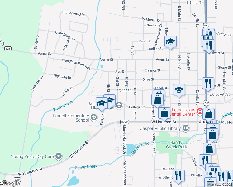 map of restaurants, bars, coffee shops, grocery stores, and more near 423 3rd Street in Jasper