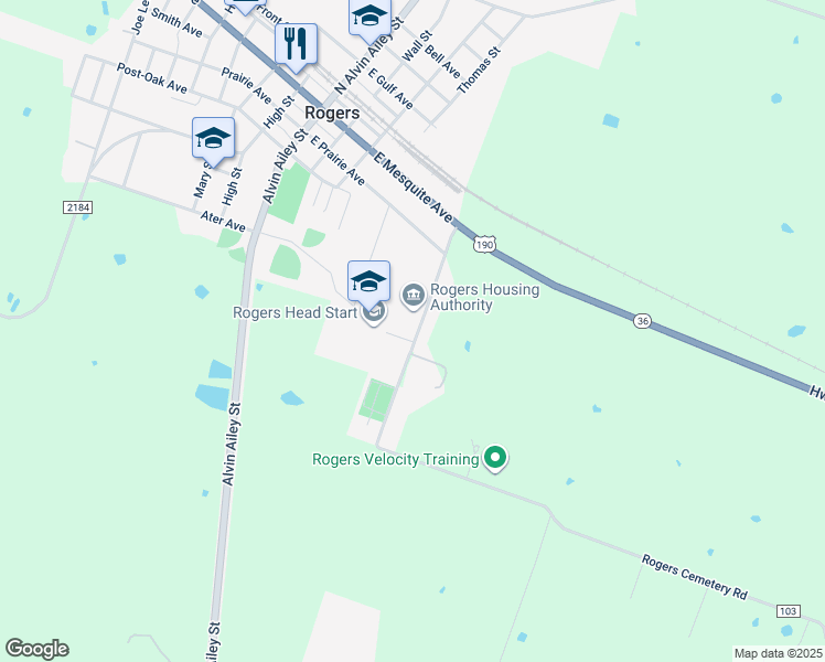 map of restaurants, bars, coffee shops, grocery stores, and more near 611 Paul Street in Rogers