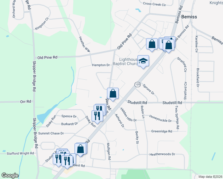 map of restaurants, bars, coffee shops, grocery stores, and more near 4045 Mulligan Road in Valdosta