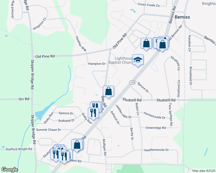 map of restaurants, bars, coffee shops, grocery stores, and more near 4045 Mulligan Road in Valdosta