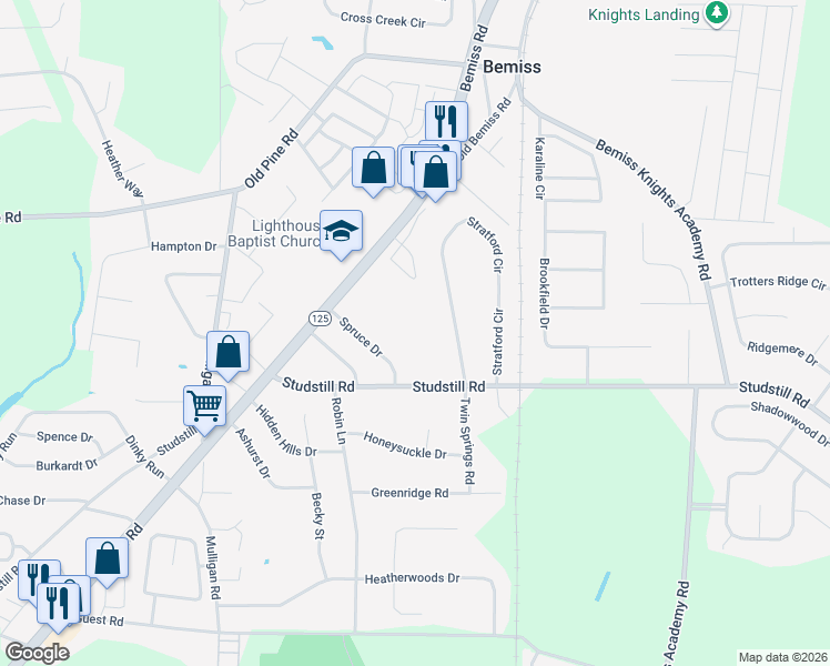 map of restaurants, bars, coffee shops, grocery stores, and more near 3755 Studstill Road in Valdosta