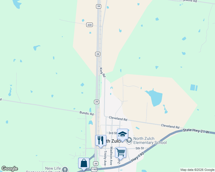 map of restaurants, bars, coffee shops, grocery stores, and more near 3462 King Road in North Zulch