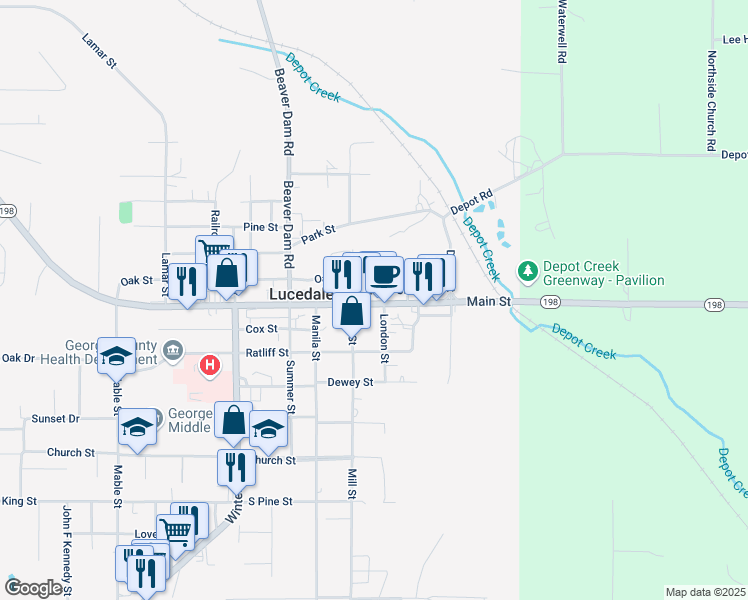 map of restaurants, bars, coffee shops, grocery stores, and more near 218 Commerce Street in Lucedale