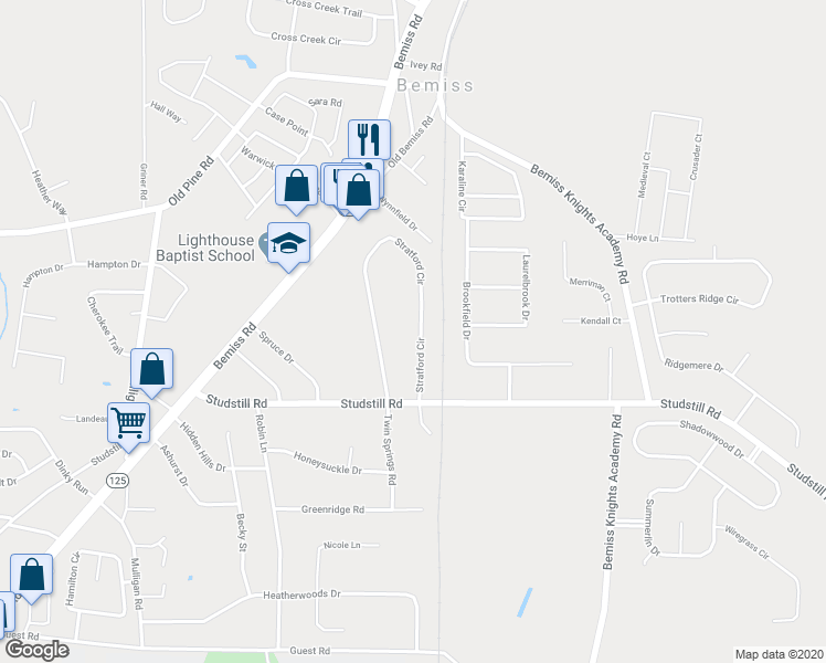 map of restaurants, bars, coffee shops, grocery stores, and more near 3996 Stratford Circle in Valdosta