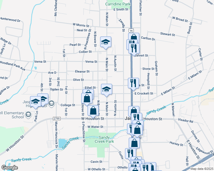 map of restaurants, bars, coffee shops, grocery stores, and more near 501 North Main Street in Jasper