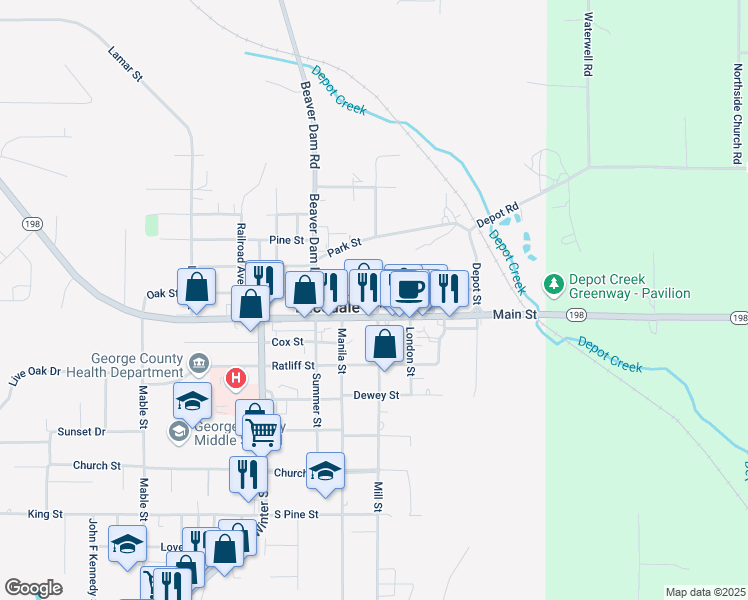 map of restaurants, bars, coffee shops, grocery stores, and more near 150 Commerce St in Lucedale
