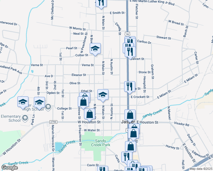 map of restaurants, bars, coffee shops, grocery stores, and more near 536 North Main Street in Jasper