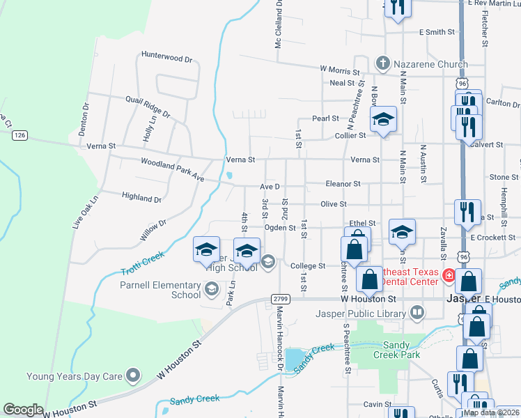 map of restaurants, bars, coffee shops, grocery stores, and more near 551 3rd Street in Jasper