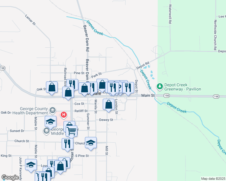 map of restaurants, bars, coffee shops, grocery stores, and more near 218 Commerce Street in Lucedale