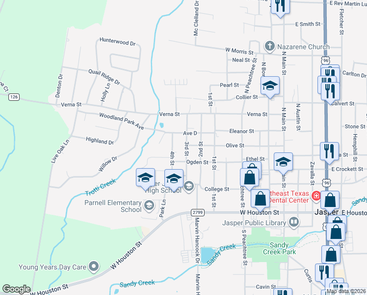 map of restaurants, bars, coffee shops, grocery stores, and more near 551 3rd Street in Jasper