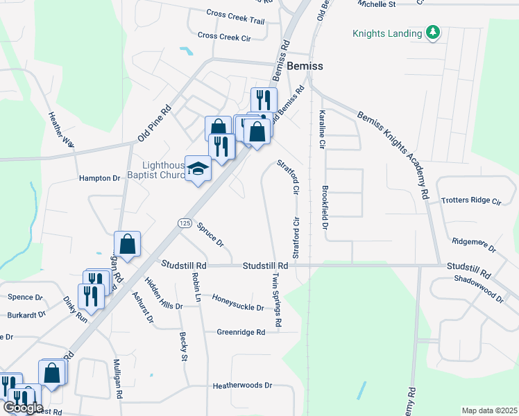 map of restaurants, bars, coffee shops, grocery stores, and more near 3865 Stratford Circle in Valdosta