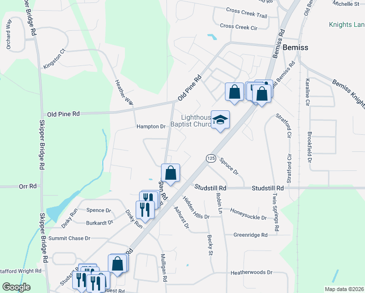 map of restaurants, bars, coffee shops, grocery stores, and more near 3816 Coventry Drive in Valdosta