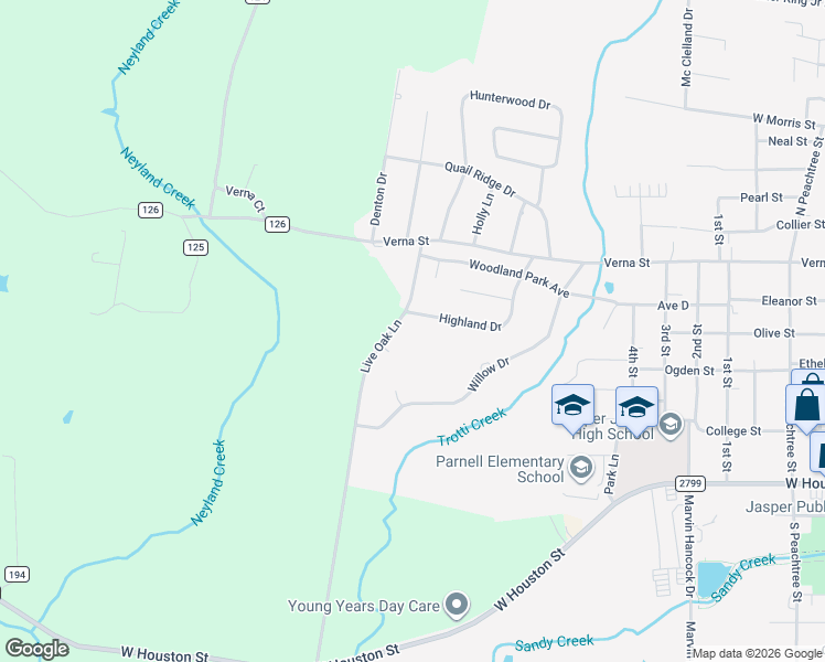 map of restaurants, bars, coffee shops, grocery stores, and more near 502 Live Oak Road in Jasper
