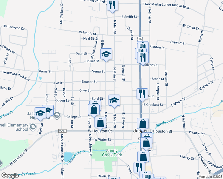 map of restaurants, bars, coffee shops, grocery stores, and more near 536 North Main Street in Jasper