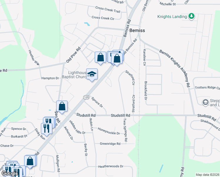 map of restaurants, bars, coffee shops, grocery stores, and more near 3755 Studstill Road in Valdosta