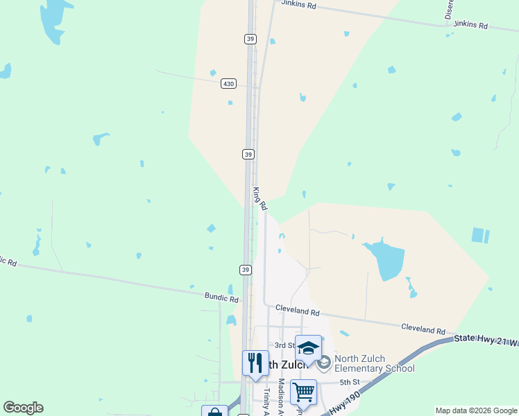 map of restaurants, bars, coffee shops, grocery stores, and more near 3462-3626 King Road in North Zulch