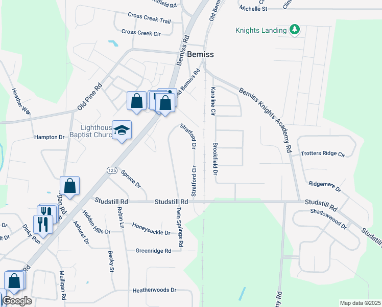 map of restaurants, bars, coffee shops, grocery stores, and more near 3968 Stratford Circle in Valdosta