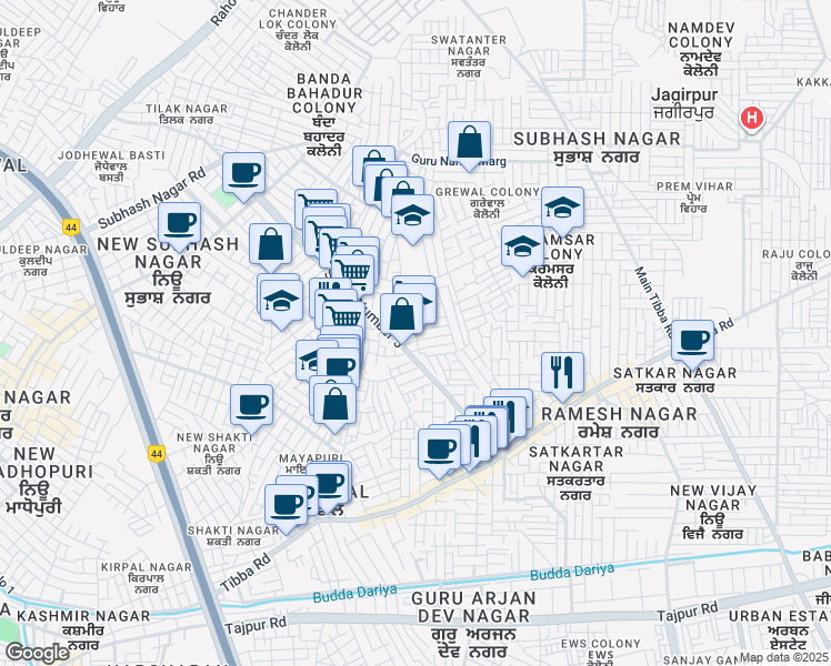 map of restaurants, bars, coffee shops, grocery stores, and more near Tibba Road in Ludhiana