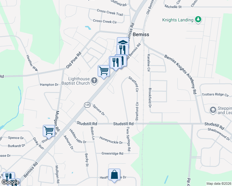 map of restaurants, bars, coffee shops, grocery stores, and more near 3897 Stratford Circle in Valdosta