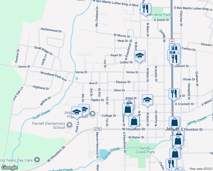 map of restaurants, bars, coffee shops, grocery stores, and more near 710 1st Street in Jasper