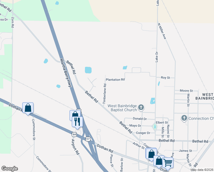 map of restaurants, bars, coffee shops, grocery stores, and more near 1623 Plantation Road in Bainbridge