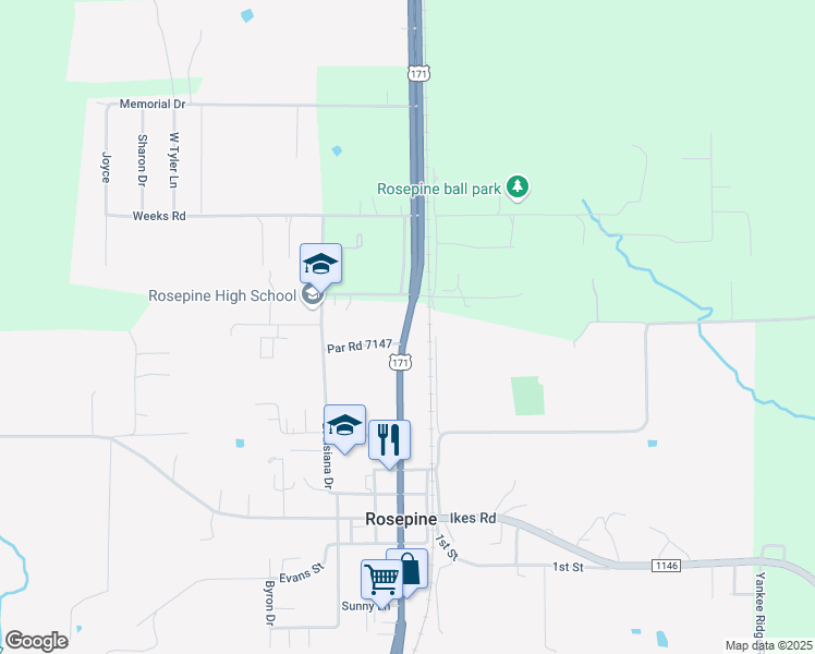 map of restaurants, bars, coffee shops, grocery stores, and more near in Rosepine