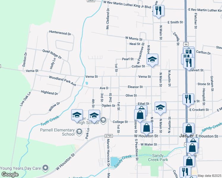 map of restaurants, bars, coffee shops, grocery stores, and more near 704 2nd Street in Jasper