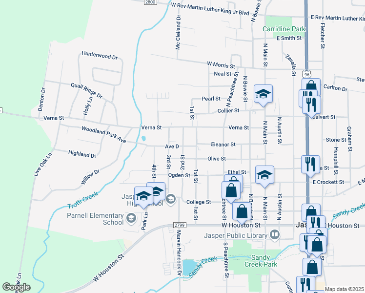 map of restaurants, bars, coffee shops, grocery stores, and more near 704 2nd Street in Jasper