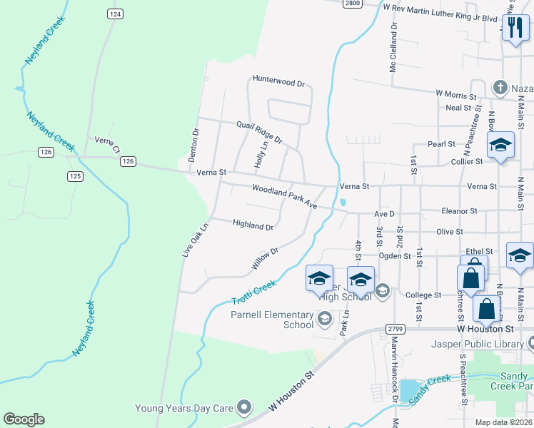 map of restaurants, bars, coffee shops, grocery stores, and more near 1205 Maple Lane in Jasper