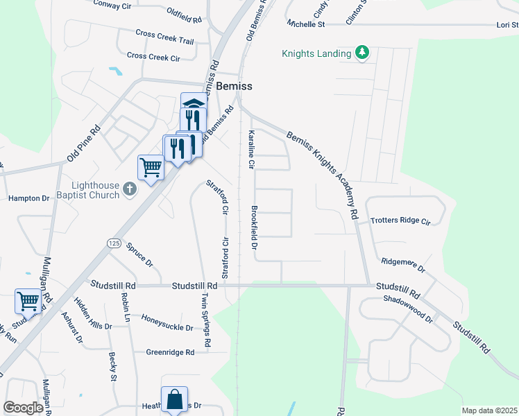 map of restaurants, bars, coffee shops, grocery stores, and more near 3900 Brookfield Drive in Valdosta