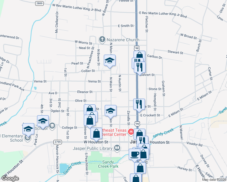 map of restaurants, bars, coffee shops, grocery stores, and more near 707 North Main Street in Jasper