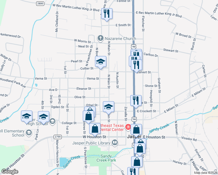 map of restaurants, bars, coffee shops, grocery stores, and more near 707 N Main St in Jasper