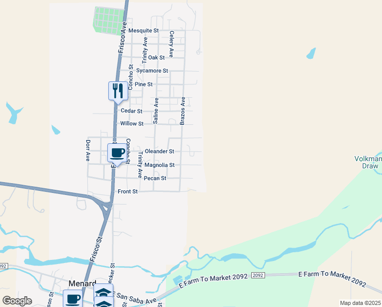 map of restaurants, bars, coffee shops, grocery stores, and more near 608 Oleander Street in Menard