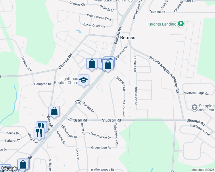 map of restaurants, bars, coffee shops, grocery stores, and more near 3897 Stratford Circle in Valdosta