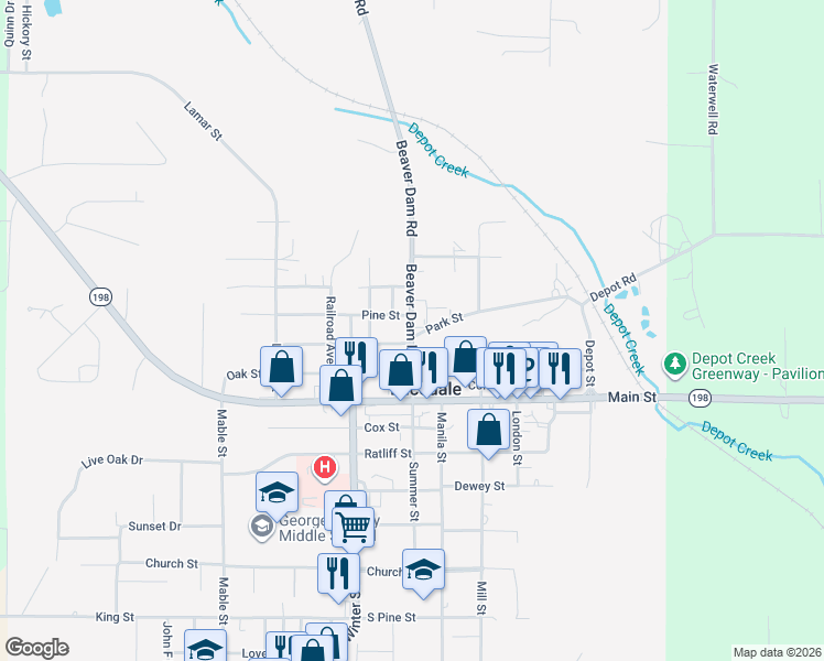 map of restaurants, bars, coffee shops, grocery stores, and more near 307-391 Park Street in Lucedale