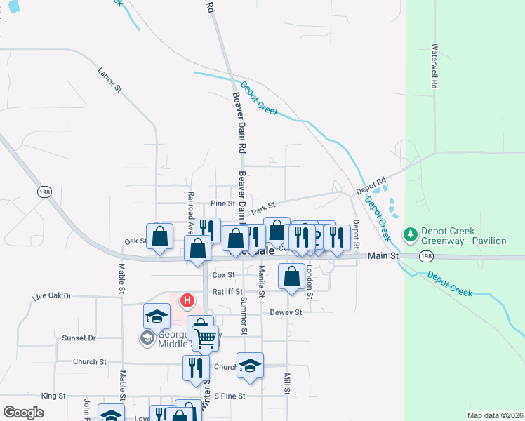 map of restaurants, bars, coffee shops, grocery stores, and more near 391 Park Street in Lucedale