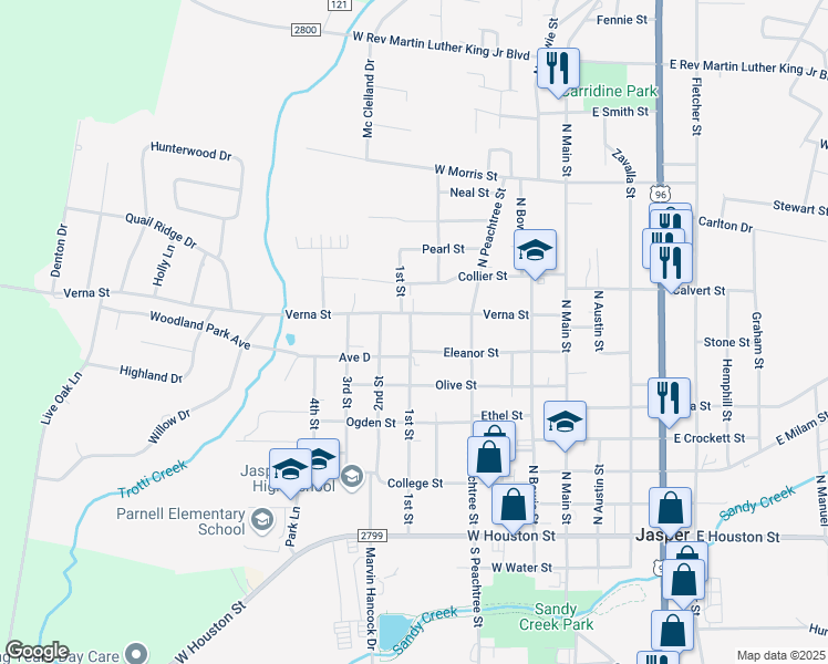 map of restaurants, bars, coffee shops, grocery stores, and more near 710 1st Street in Jasper