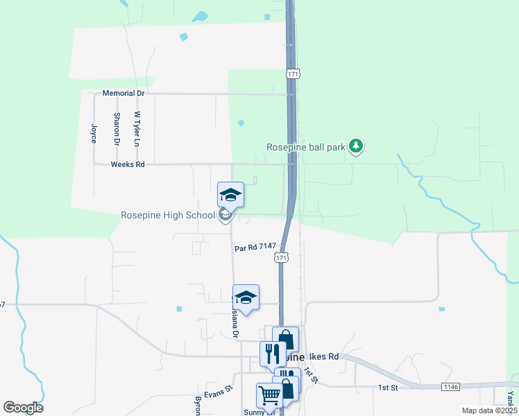 map of restaurants, bars, coffee shops, grocery stores, and more near 18250 Central Avenue in Rosepine