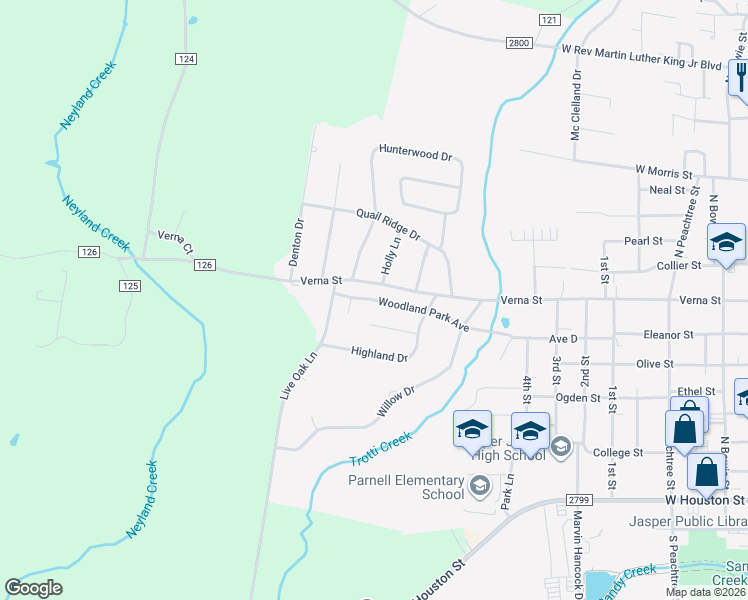 map of restaurants, bars, coffee shops, grocery stores, and more near 1216 Woodland Park Avenue in Jasper