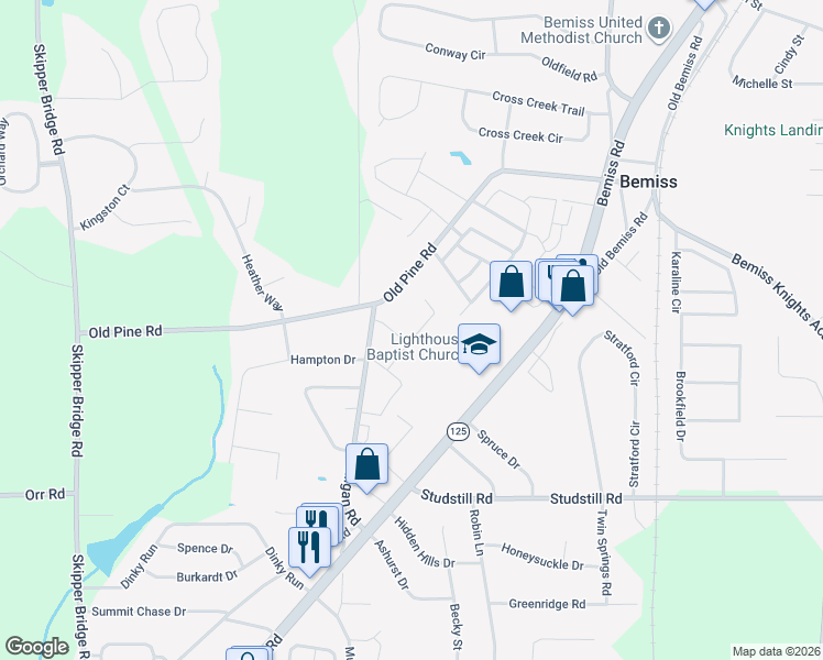 map of restaurants, bars, coffee shops, grocery stores, and more near 4148 Mulligan Road in Valdosta