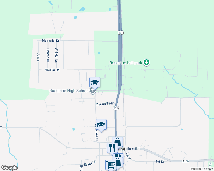 map of restaurants, bars, coffee shops, grocery stores, and more near 18250 Central Avenue in Rosepine