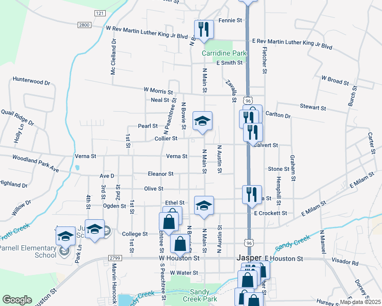 map of restaurants, bars, coffee shops, grocery stores, and more near 200 Verna Street in Jasper