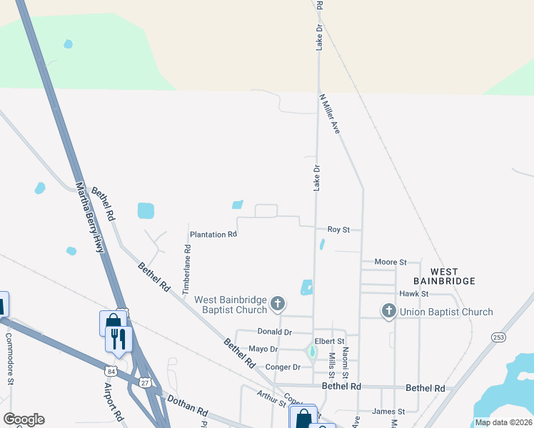 map of restaurants, bars, coffee shops, grocery stores, and more near 1623 Plantation Road in Bainbridge